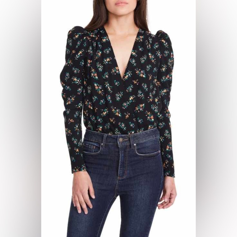 AFRM Nora bodysuit in black floral long sleeve ruched v neck